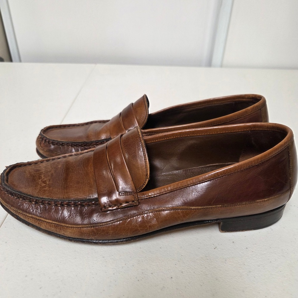 Johnston & Murphy Mens 9.5 M Brown Leather Penny Loafers Made in Italy Shoe